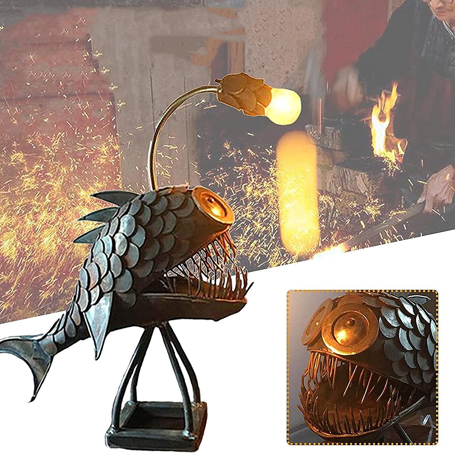 魚取り瓶　レトロな電気スタンド Amazon｜素朴な釣り人の魚ランプアートランプ、手作りの金属USB